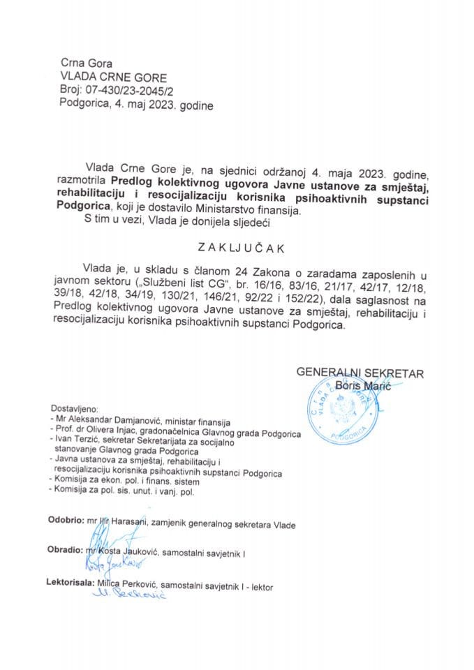 Предлог колективног уговора Јавне установе за смјештај, рехабилитацију и ресоцијализацију корисника психоактивних супстанци Подгорица (без расправе) - закључци