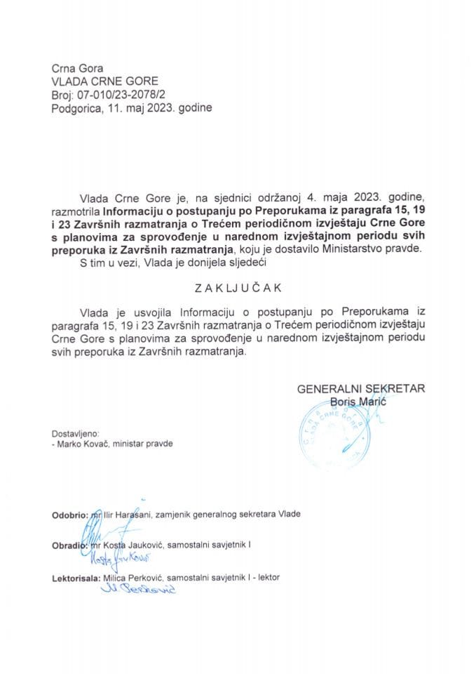 Информација о поступању по препорукама из параграфа 15, 19 и 23 Завршних разматрања о Трећем периодичном извјештају Црне Горе, са плановима за спровођење, у наредном извјештајном периоду, свих препорука из Завршних разматрања - закључци