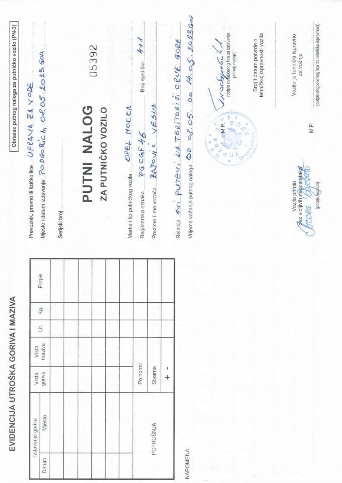 Путни налог за коришћење службеног возила ПГ ЦГФ46 08.05-14.05.2023. године