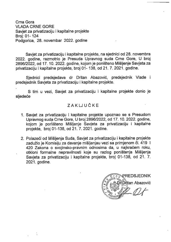 Presuda Upravnog suda Crne Gore U. broj 2896/2022 od 17.10.2022. godine kojom je poništeno Mišljenje Savjeta za privatizaciju i kapitalne projekte br. 01 - 138 od 21.7.2021. godine; (Solana Bajo Sekulić u Ulcinju) - zaključak