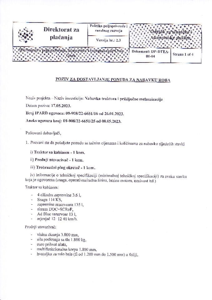 Poziv za nabavku traktora sa priključcima