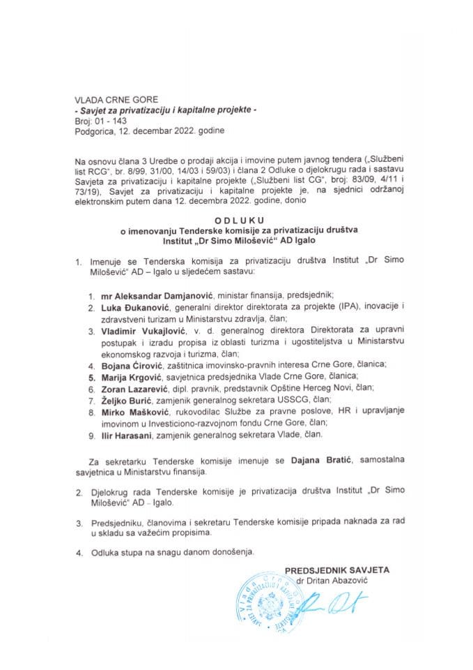 Predlog odluke o imenovanju Tenderske komisije za privatizaciju društva  Institut „dr Simo Milošević“ AD – Igalo