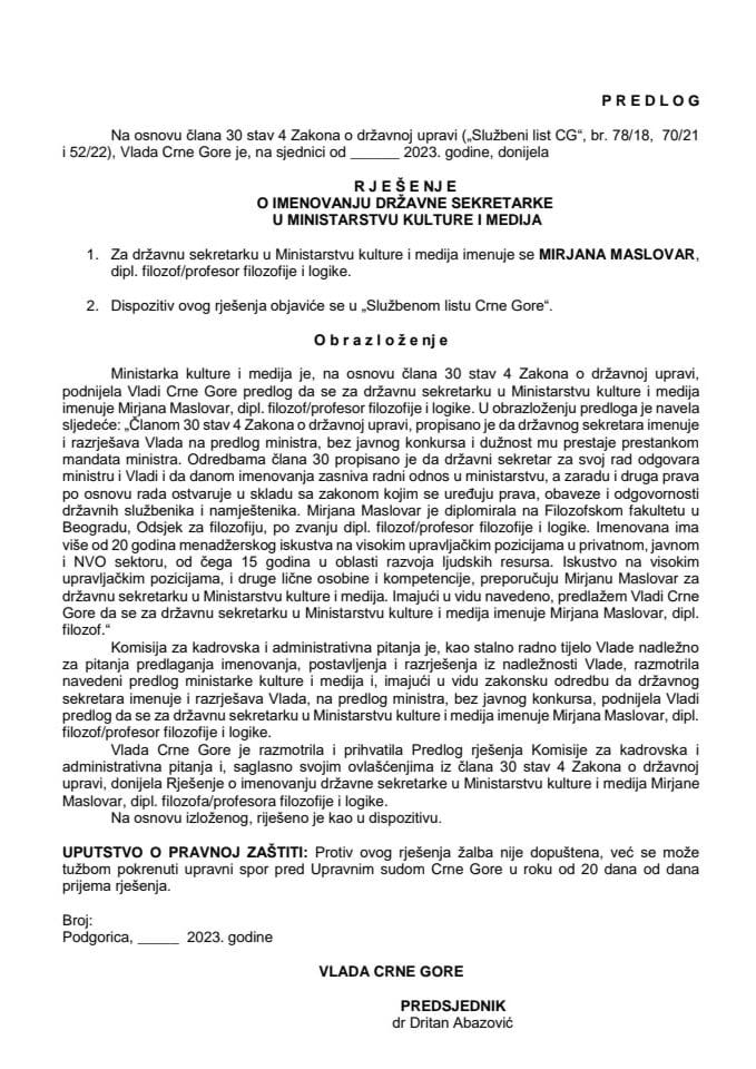 Predlog za imenovanje državne sekretarke u Ministarstvu kulture i medija
