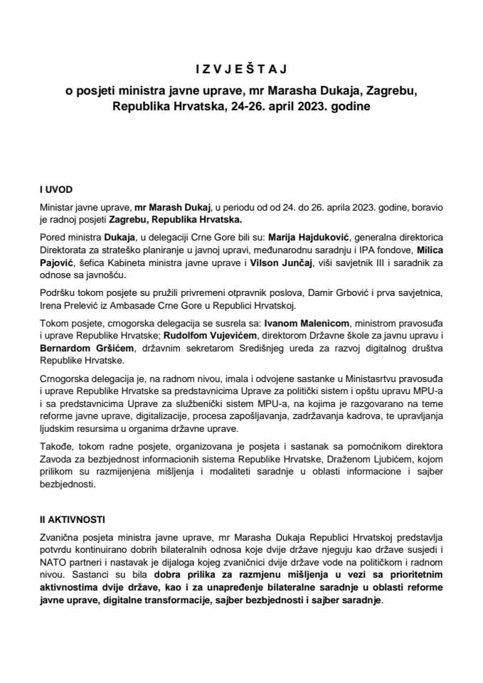 Izvještaj o posjeti ministra javne uprave mr Marasha Dukaja, Zagrebu, Republika Hrvatska, 24-26. april 2023. godine