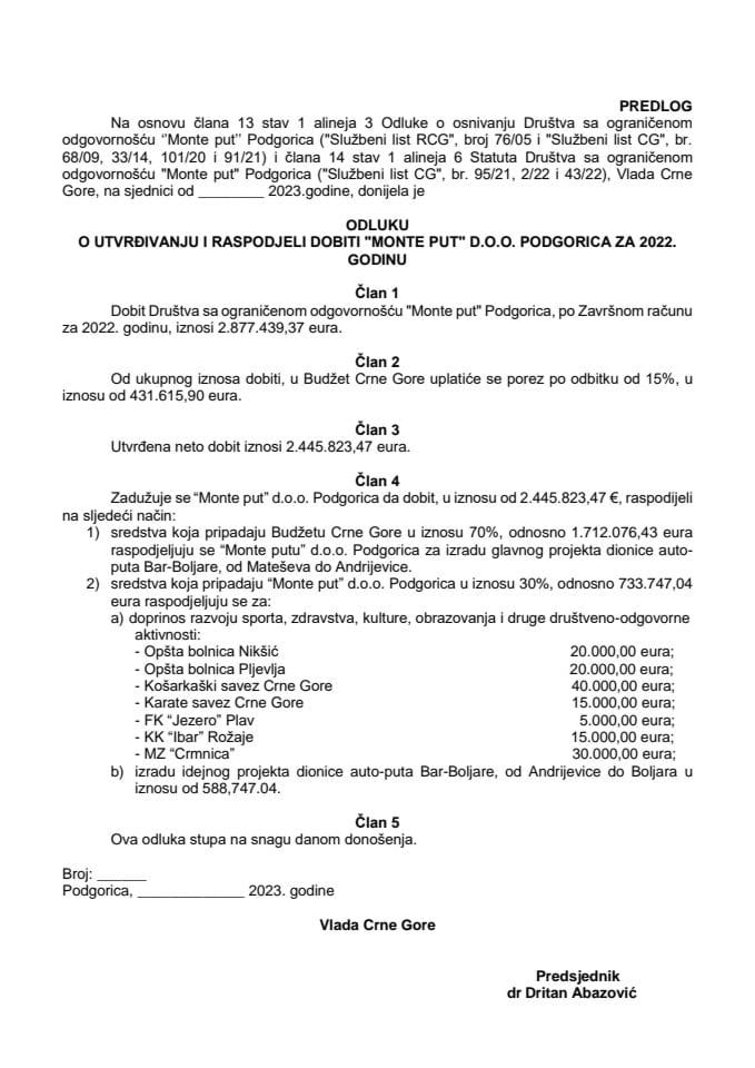 Предлог одлуке о утврђивању и расподјели добити за 2022. годину „Монте пут“ д.о.о. Подгорица