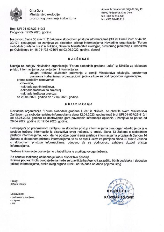 Rješenje - Slobodan pristup informacijama - UPI 16-037/23-410/2 - Luča