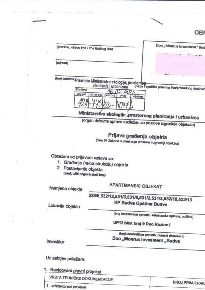 Prijava građenja objekta - 121-745-23-4047-1 DOO MONRUS INVESMENT BUDVA