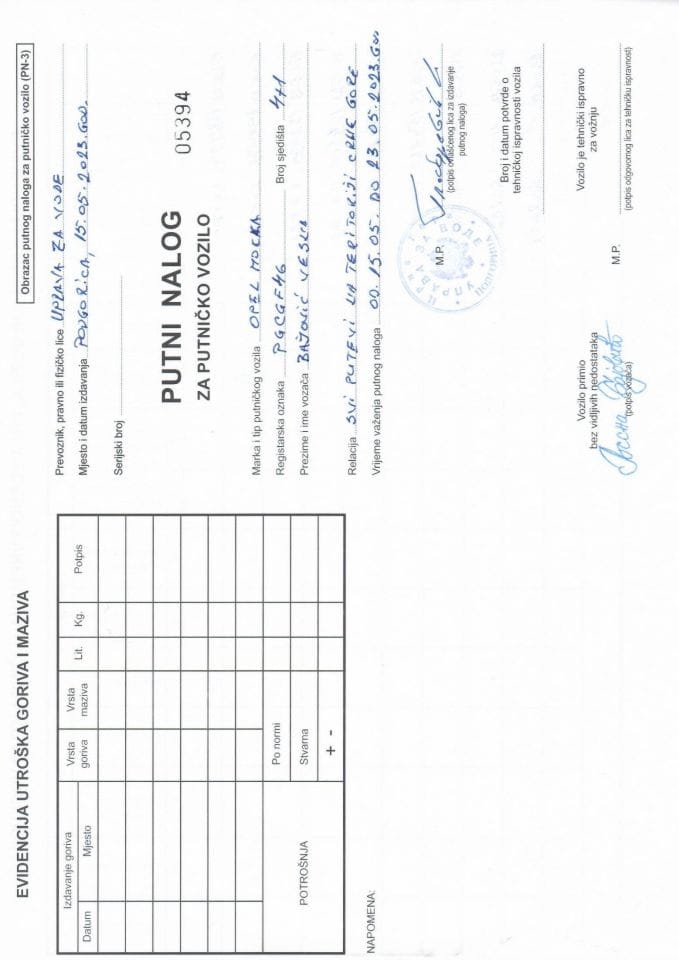 Путни налог за коришћење службеног возила ПГ ЦГФ46 15.05-23.05.2023. године
