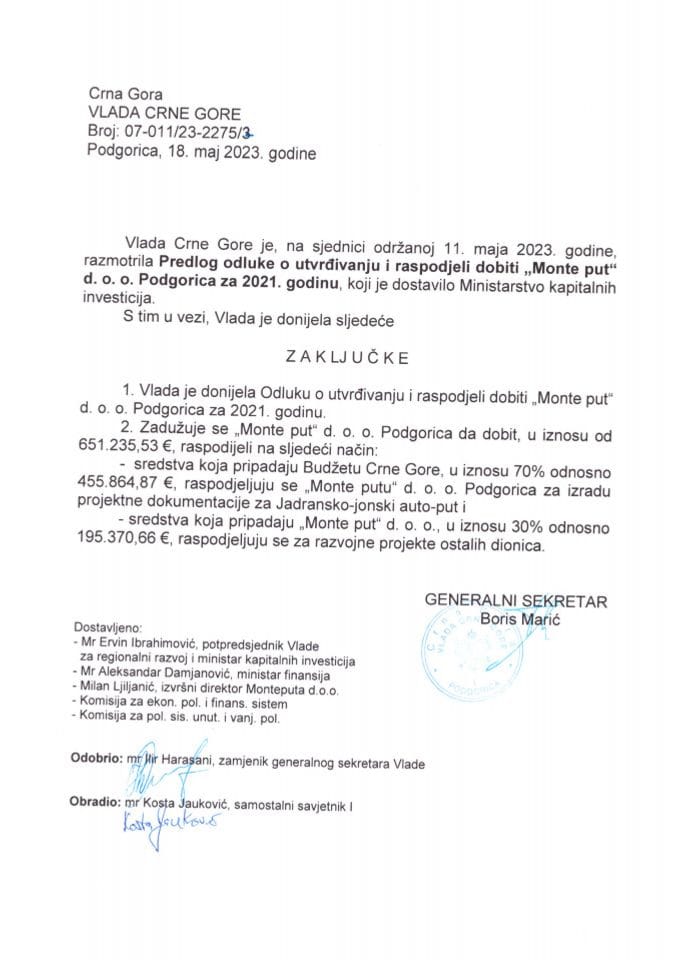 Predlog odluke o utvrđivanju i raspodjeli dobiti za 2021. godinu „Monte put“ d.o.o. Podgorica - zaključci