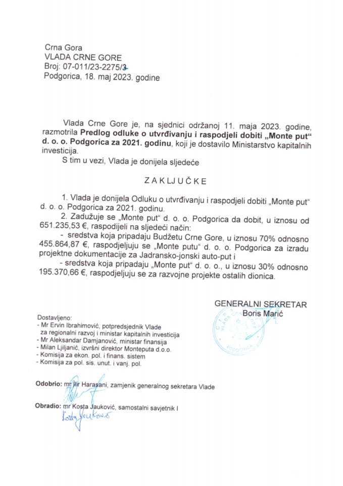 Предлог одлуке о утврђивању и расподјели добити за 2021. годину „Монте пут“ д.о.о. Подгорица - закључци