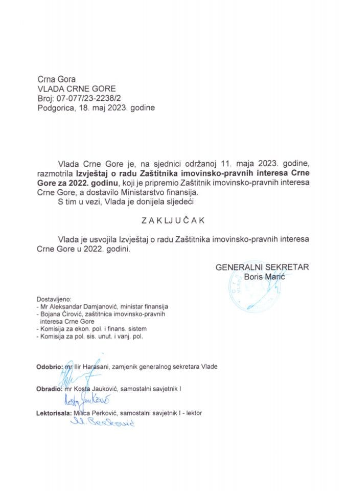 Извјештај о раду Заштитника имовинско-правних интереса Црне Горе за 2022. годину - закључци