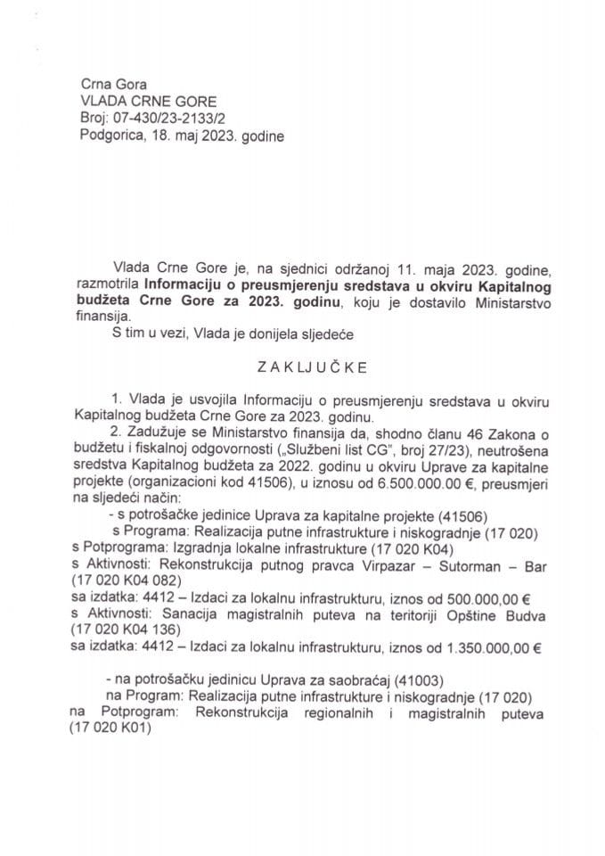 Информација о преусмјеравању средстава у оквиру Капиталног буџета Црне Горе за 2023. годину - закључци