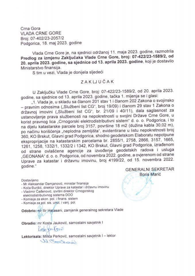 Предлог за измјену Закључака Владе Црне Горе, број: 07-422/23-1589/2, од 20. априла 2023. године, са сједнице од 13. априла 2023. године - закључци