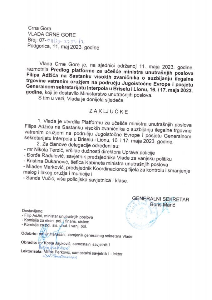Predlog platforme za učešće ministra unutrašnjih poslova Filipa Adžića na sastanku visokih zvaničnika o suzbijanju ilegalne trgovine vatrenim oružjem na području Jugoistočne Evrope i za posjetu Generalnom Sekretarijatu Interpola - zaključci