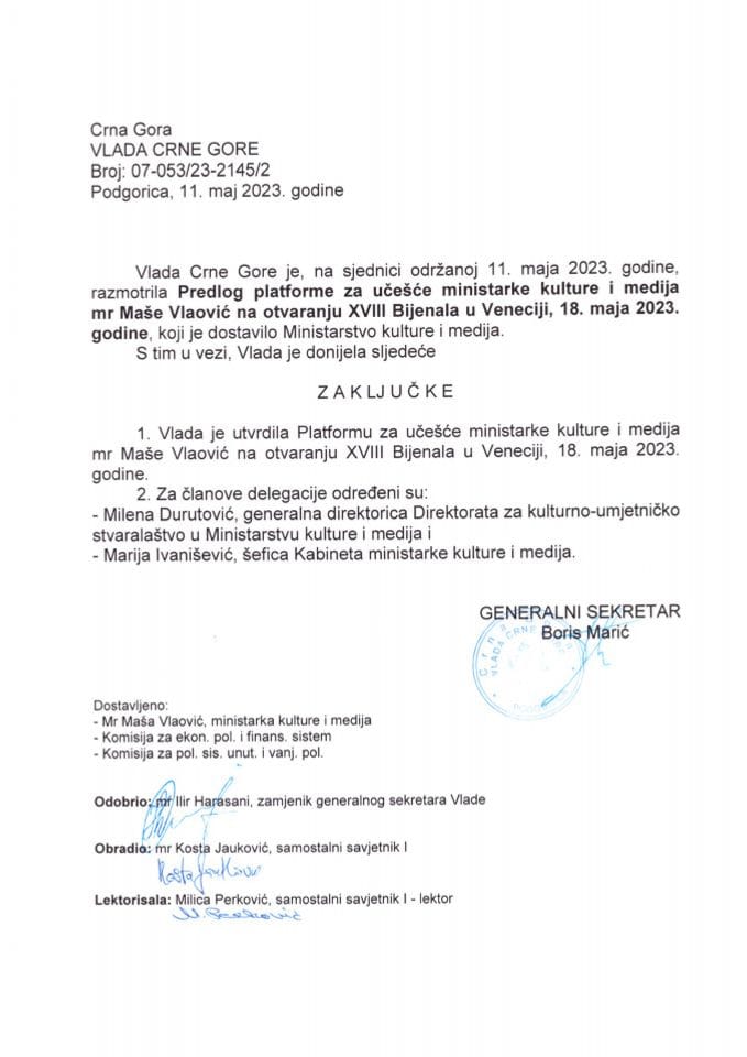 Predlog platforme za učešće ministarke kulture i medija mr Maše Vlaović na otvaranju XVIII Bijenala arhitekture u Veneciji, 18. maja 2023. godine - zaključci