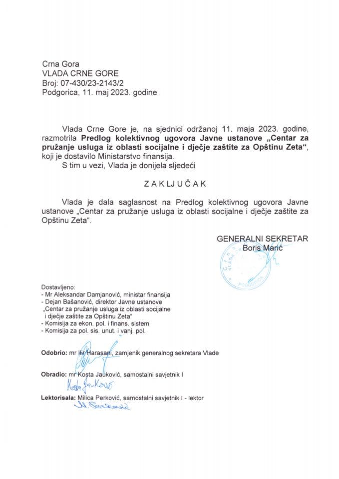 Predlog kolektivnog ugovora Javne ustanove „Centar za pružanje usluga iz oblasti socijalne i dječije zaštite za Opštinu Zeta“ - zaključci