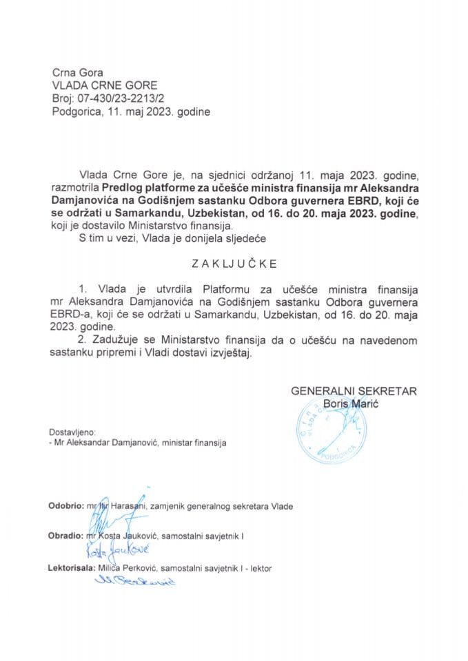 Predlog platforme za učešće ministra finansija mr Aleksandra Damjanovića na Godišnjem sastanku Odbora guvernera EBRD, koji će se održati u Samarkandu, Uzbekistan, od 16. do 20. maja 2023. godine - zaključci