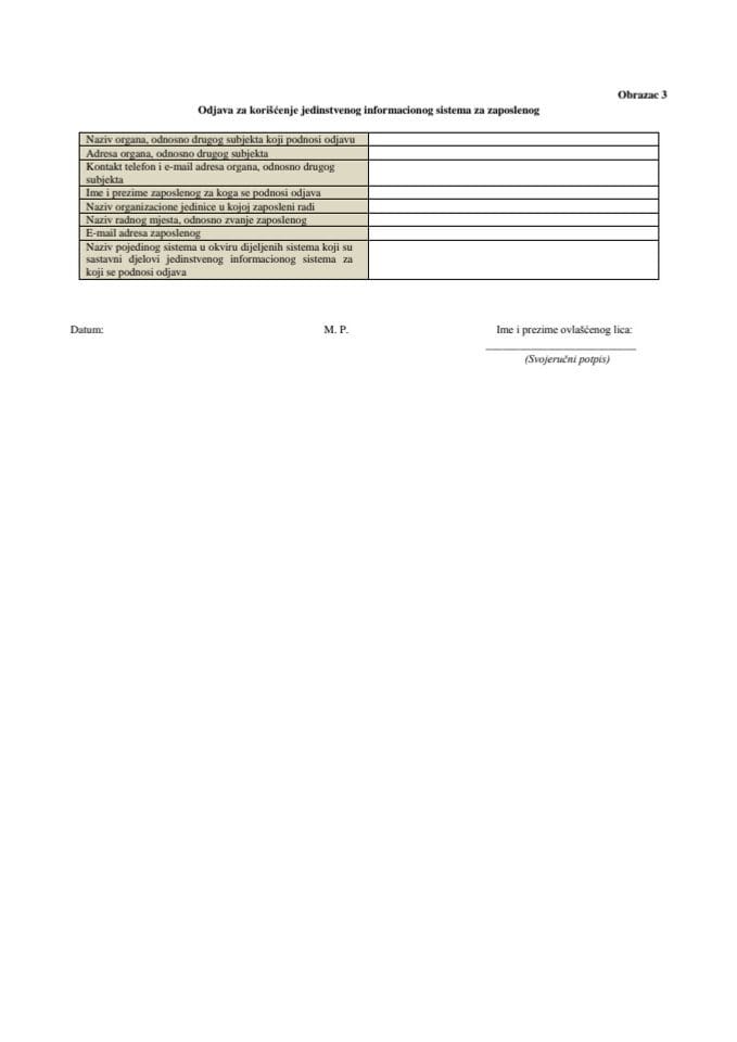 Obrazac 3 - Odjava za korišćenje jedinstvenog informacionog sistema za zaposlenog