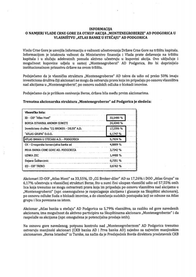 lnformacija o namjeri Vlade Crne Gore za otkup akcija Montenegroberze AD Podgorica u vlasništvu Atlas banke u stečaju AD Podgorica