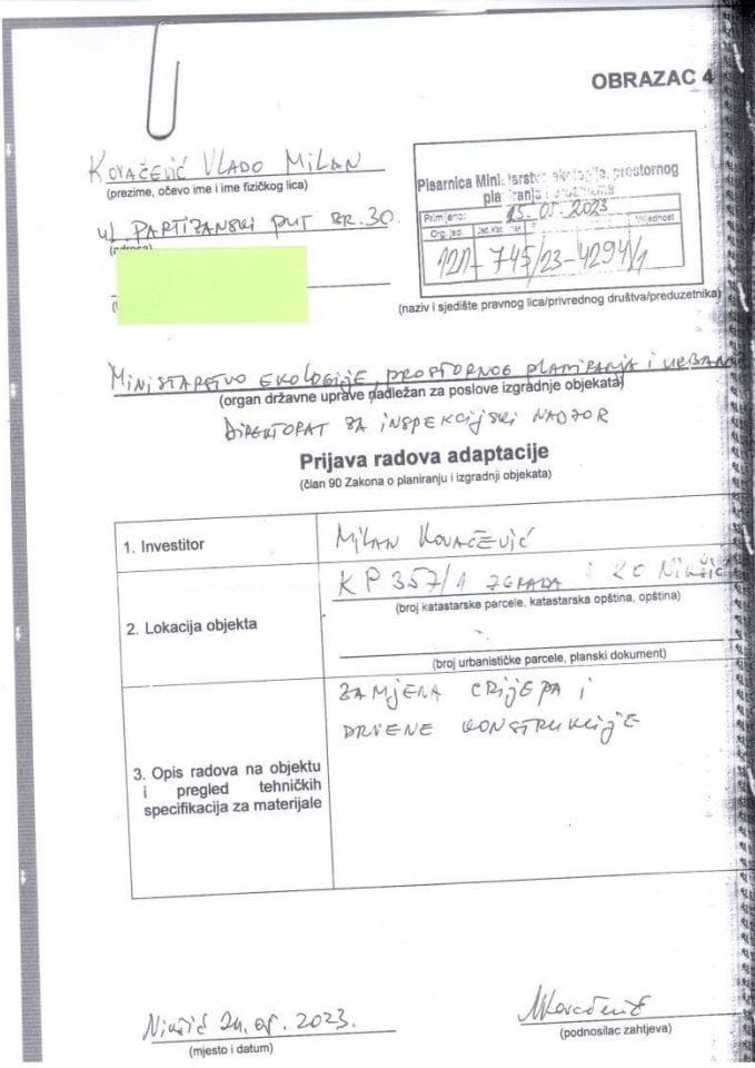 Prijava radova adaptacije - 121-745-23-4294-1 KOVAČEVIĆ MILAN