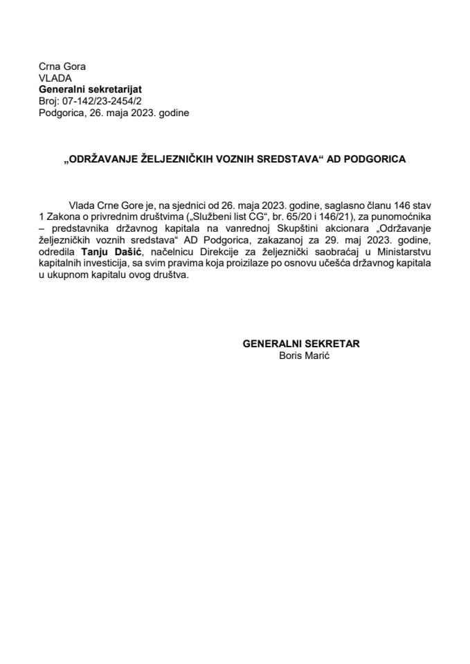 Predlog za određivanje punomoćnika-predstvanika državnog kapitala na ponovljenoj vanrednoj Skupštini akcionara AD "Održavanje željezničkih voznih sredstava“ Podgorica
