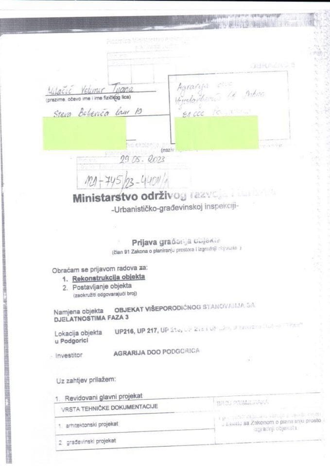 Prijava građenja objekta - 121-745-23-4401-1 AGRARIJA DOO PODGORICA