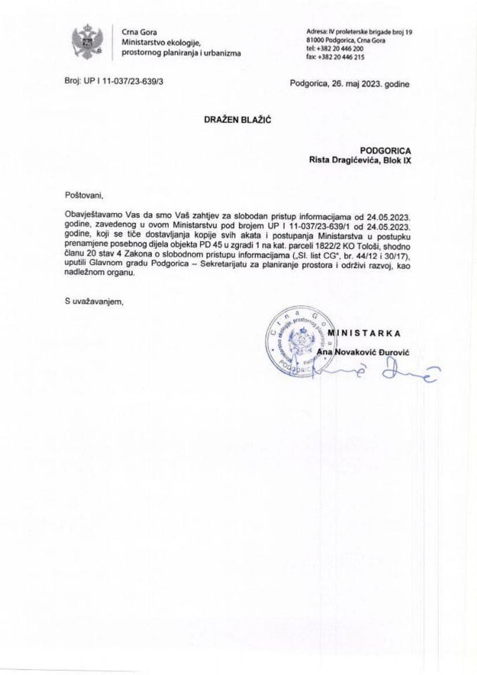 Rješenja - Slobodan pristup informacijama - UP I 11-037-23-639-3 Obavještenje SPI-Dražen Blažić