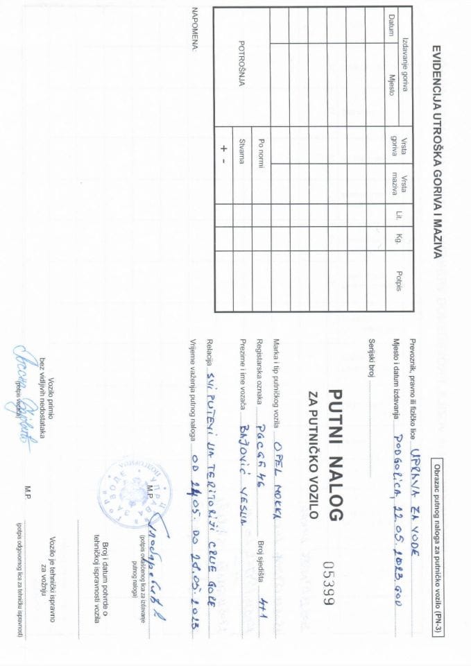 Путни налог за коришћење службеног возила ПГ ЦГФ46 24.05-28.05.2023. године