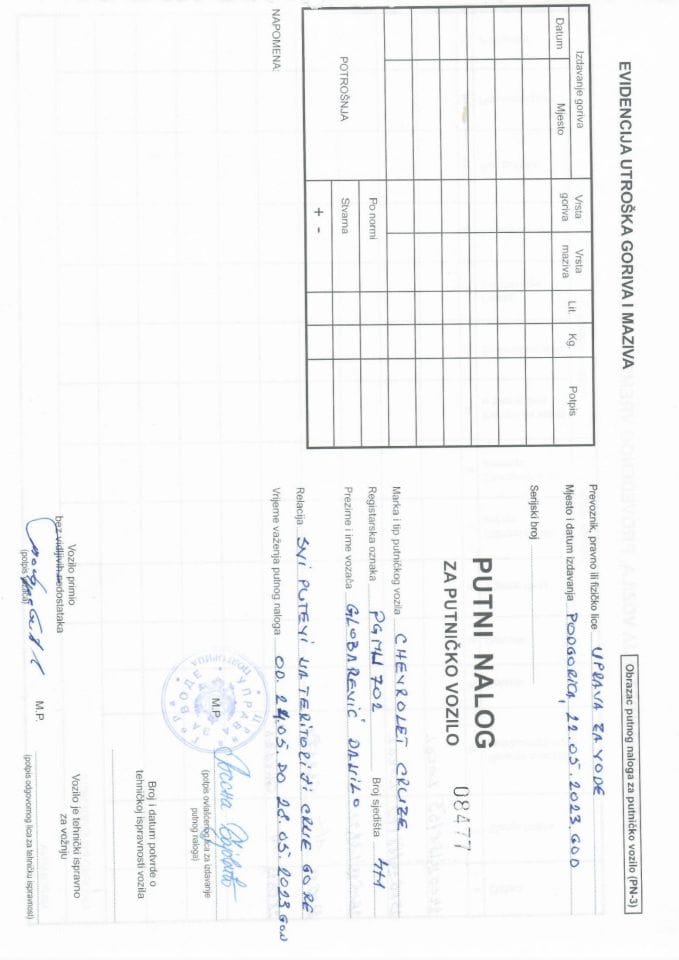 Путни налог за коришћење службеног возила ПГ МН702 24.05-28.05.2023. године
