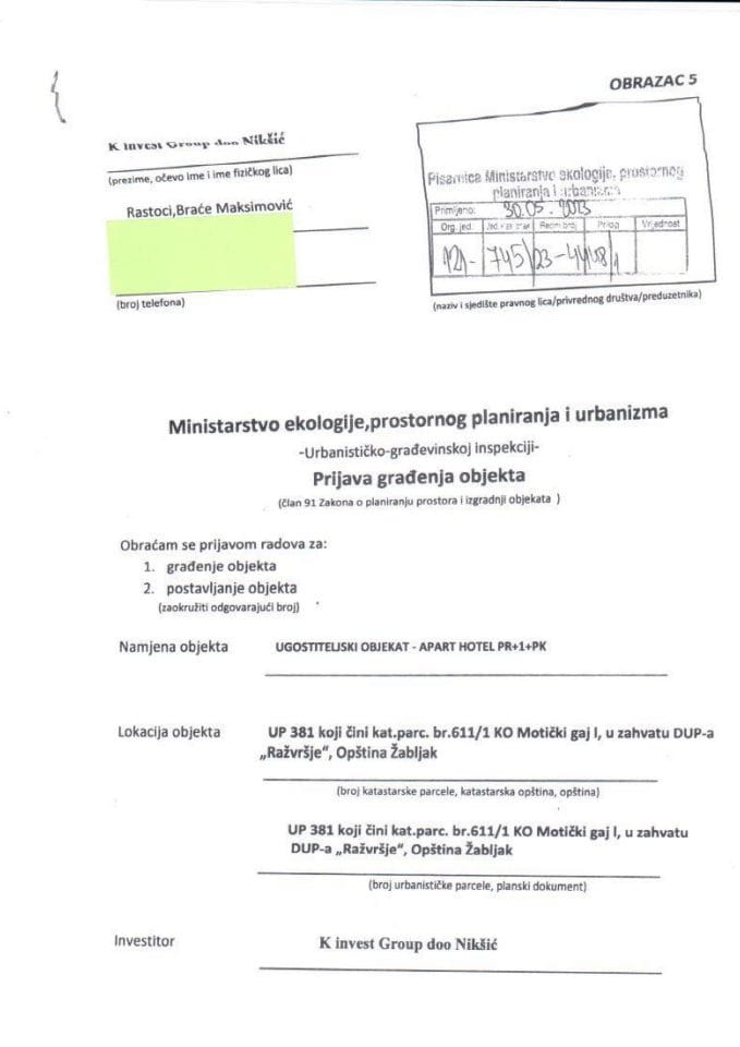 Prijava građenja objekta - 121-745-23-4448-1 K INVEST GROUP DOO NIKŠIĆ