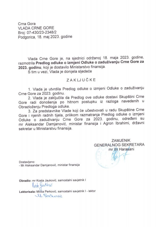 Predlog odluke o izmjeni Odluke o zaduživanju Crne Gore za 2023. godinu - zaključci