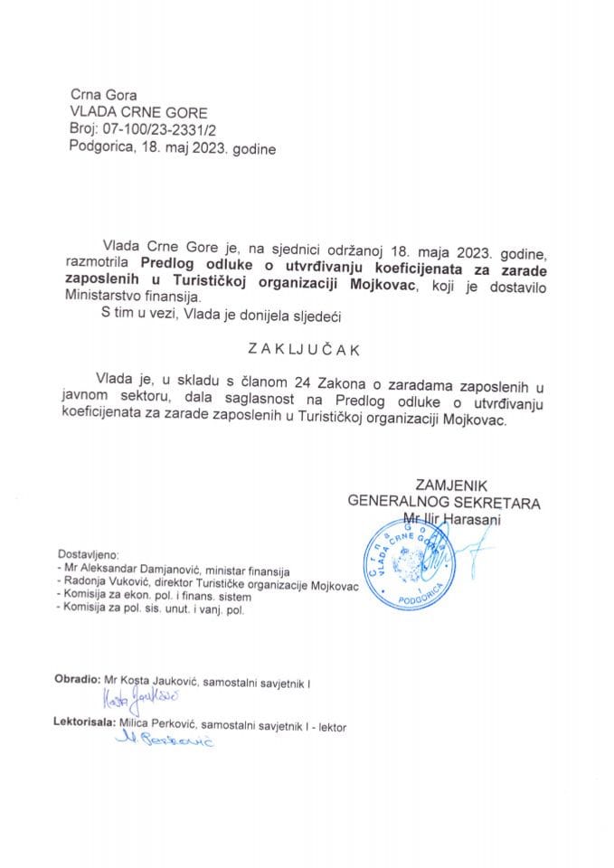 Предлог одлуке о утврђивању коефицијената за зараде запослених у Туристичкој организацији Мојковац (без расправе) - закључци