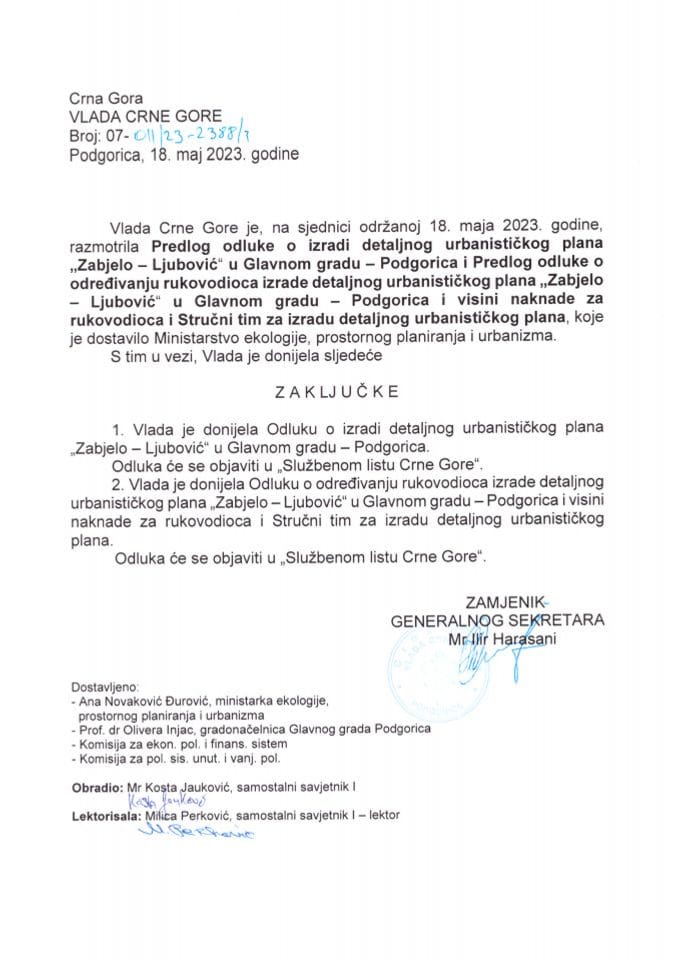 Predlog odluke o izradi Detaljnog urbanističkog plana „Zabjelo-Ljubović“ u Glavnom gradu - Podgorica i Predlog odluke o određivanju rukovodioca i visini naknade - zaključci