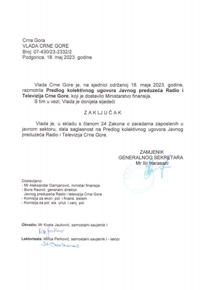 Predlog kolektivnog ugovora Javnog preduzeća Radio i Televizija Crne Gore - zaključci