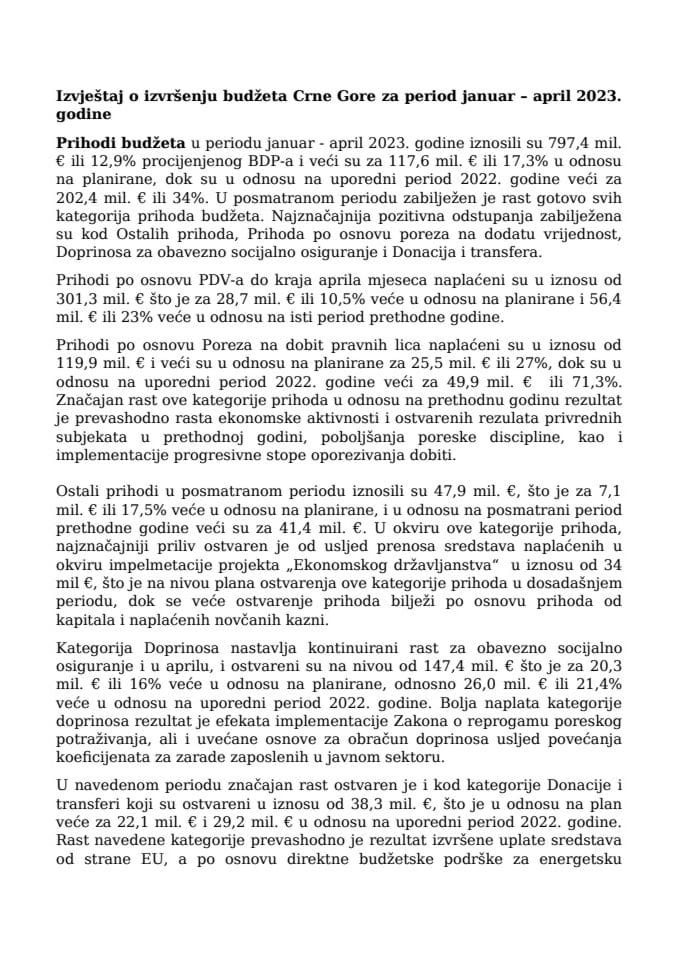 Saopštenje - Izvještaj o izvršenju budžeta Crne Gore za period januar - april 2023. godine