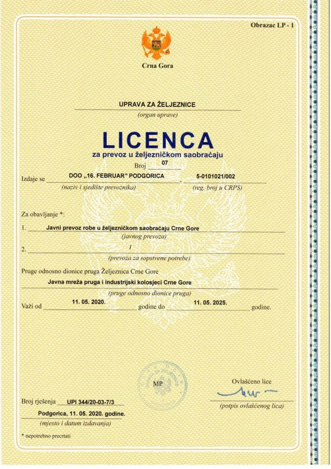16. F. Licenca za javni prevoz robe u željezničkom saobraćaju na prugama Crne Gore