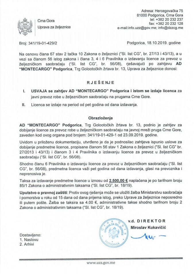 MC - Rješenje o izdavanju licence za javni prevoz robe u željezničkom saobraćaju na prugama Crne Gore 2019. god.