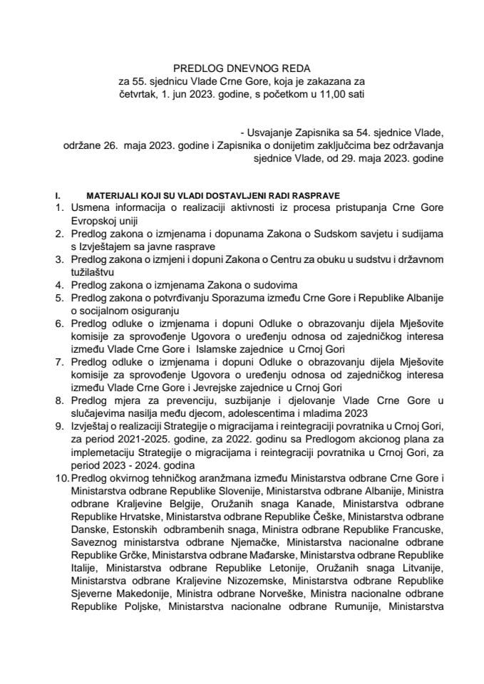 Предлог дневног реда за 55. сједницу Владе Црне Горе