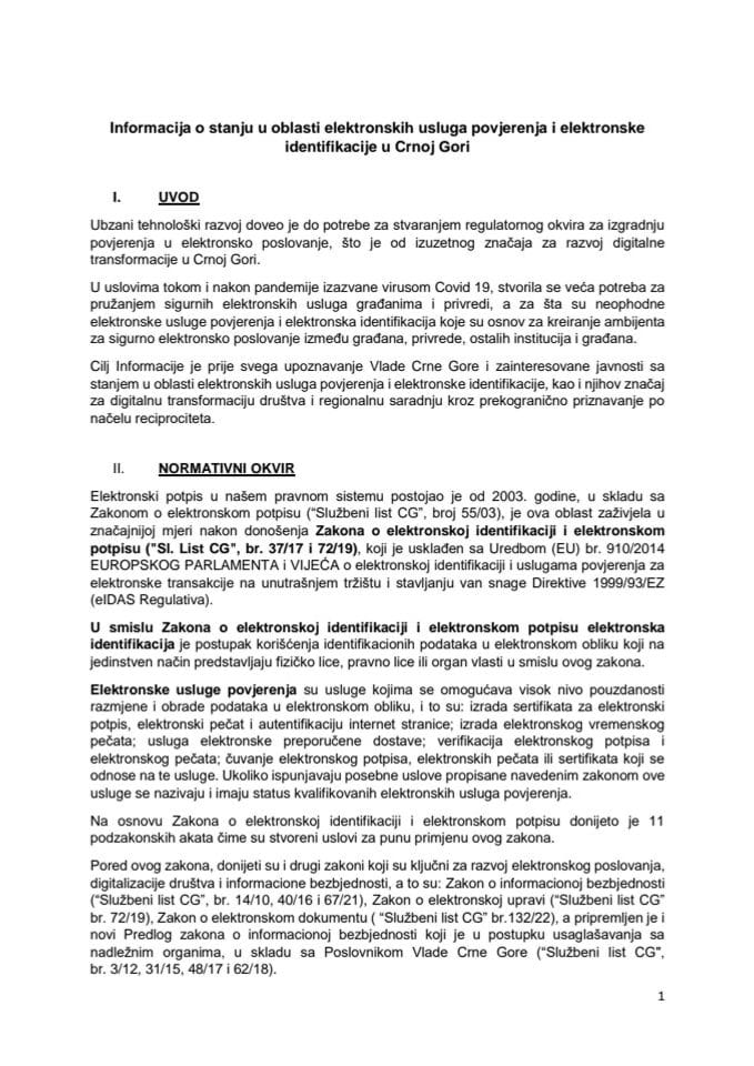 Informacija o stanju u oblasti elektronskih usluga povjerenja i elektronske identifikacije u Crnoj Gori (bez rasprave)