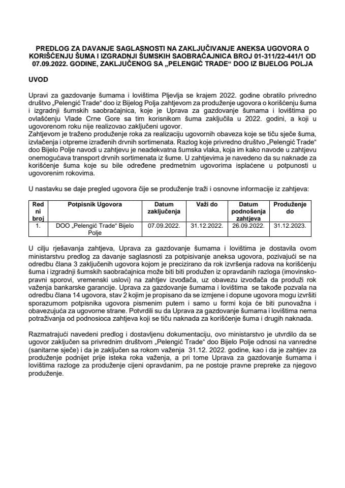 Предлог за давање сагласности за закључивање анекса Уговора о коришћењу шума у државној својини број 01-311/22-441/1 од 07.09.2022. године, закљученог са „Pelengić Trade“ д.о.о. из Бијелог Поља (без расправе)