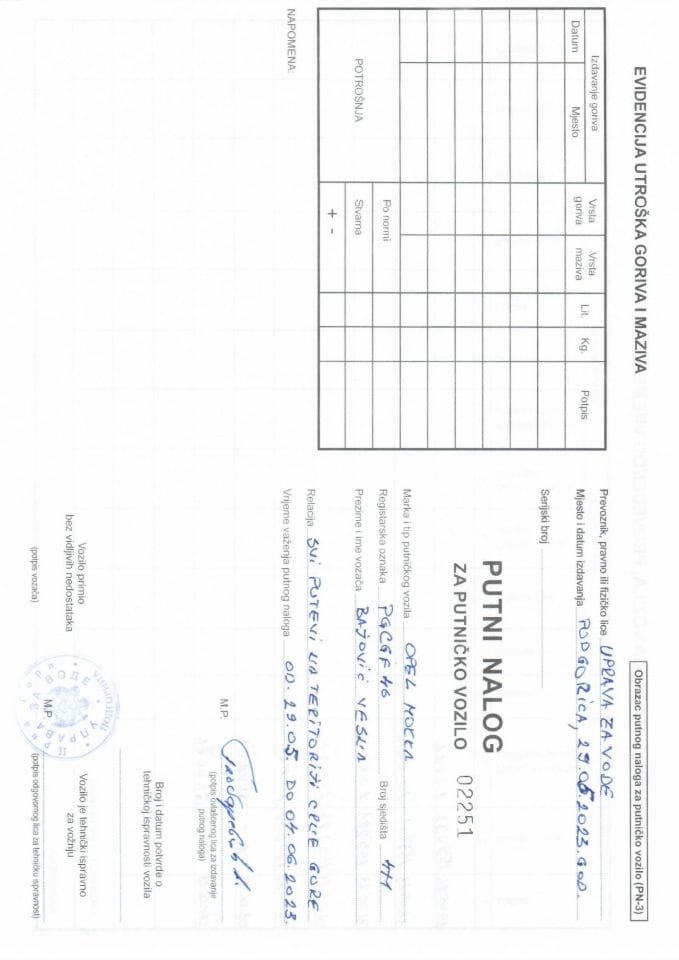 Putni nalog za korišćenje službenog vozila PG CGF46 29.05-04.06.2023. godine
