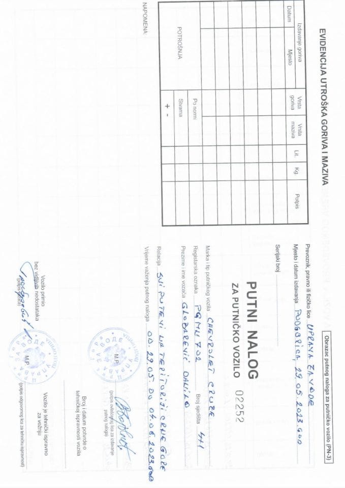 Putni nalog za korišćenje službenog vozila PG MN702 29.05-04.06.2023. godine