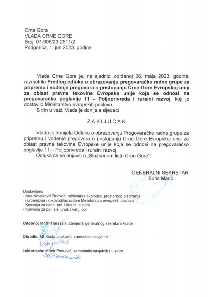 Предлог одлуке о образовању Преговарачке радне групе за припрему и вођење преговора о приступању Црне Горе Европској унији за област правне тековине Европске уније која се односи на преговарачко поглавље 11 – Пољопривреда и рурални развој - закључци