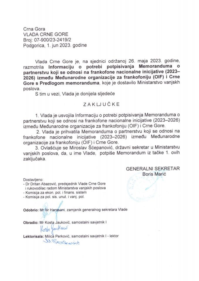 Информација о потреби потписивања Меморандума о партнерству који се односи на Франкофоне националне иницијативе (2023-2026) између Међународне организације за Франкофонију (OIF) и Црне Горе (без расправе) - закључци