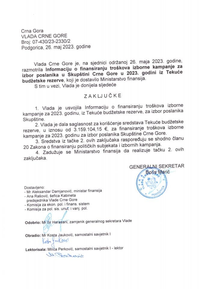Информација о финансирању трошкова изборне кампање за избор посланика у Скупштини Црне Горе у 2023. години, из Текуће буџетске резерве (без расправе) - закључци