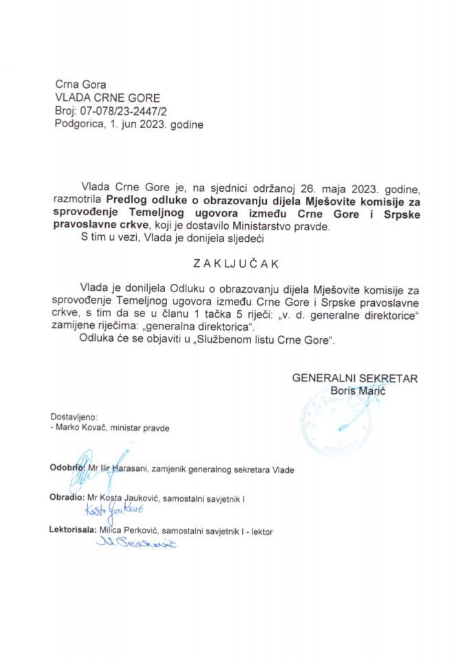 Predlog odluke o obrazovanju dijela Mješovite komisije za sprovođenje Temeljnog ugovora između Crne Gore i Srpske Pravoslavne Crkve - zaključci