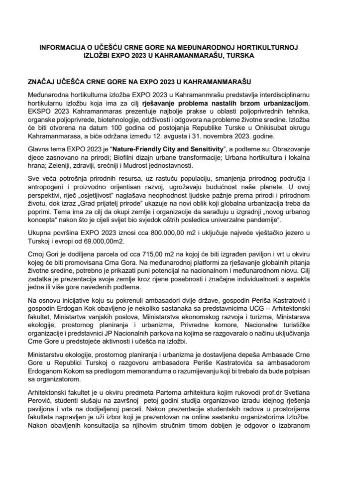 Informacija o učešću Crne Gore na Međunarodnoj hortikulturnoj izložbi EXPO 2023 u Kahramanmarašu,Turska sa Predlogom ugovora (bez rasprave)