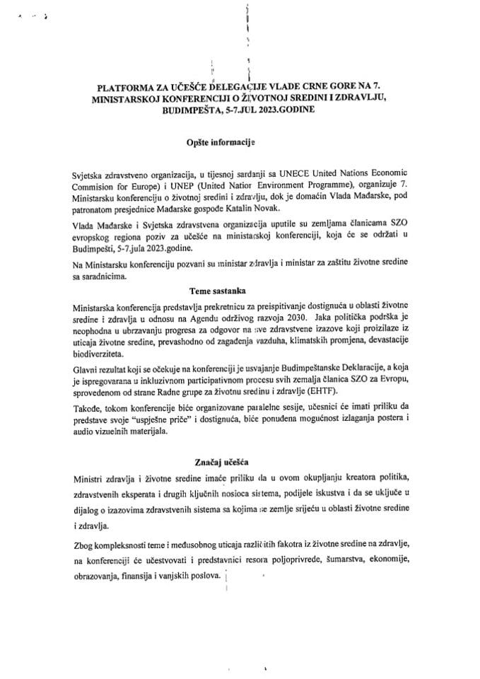 Предлог платформе за учешће делегације Владе Црне Горе на 7. министарској конференцији о животној средини и здрављу, Будимпешта, 5-7. јула 2023. године (без расправе)