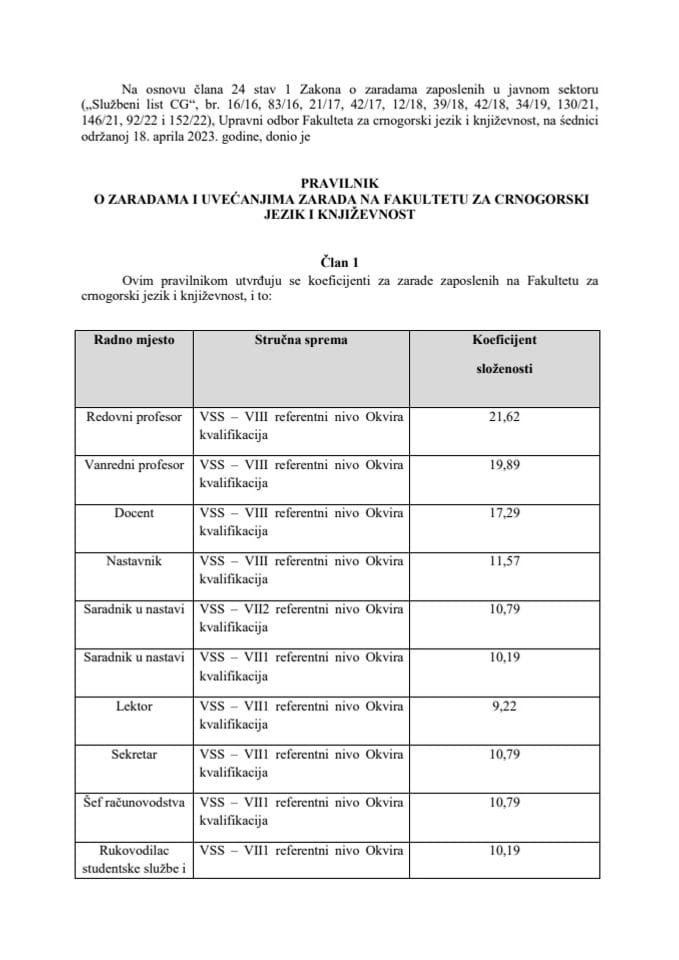 Правилник о зарадама и увећањима зарада Факултета за црногорски језик и књижевност Цетиње (без расправе)