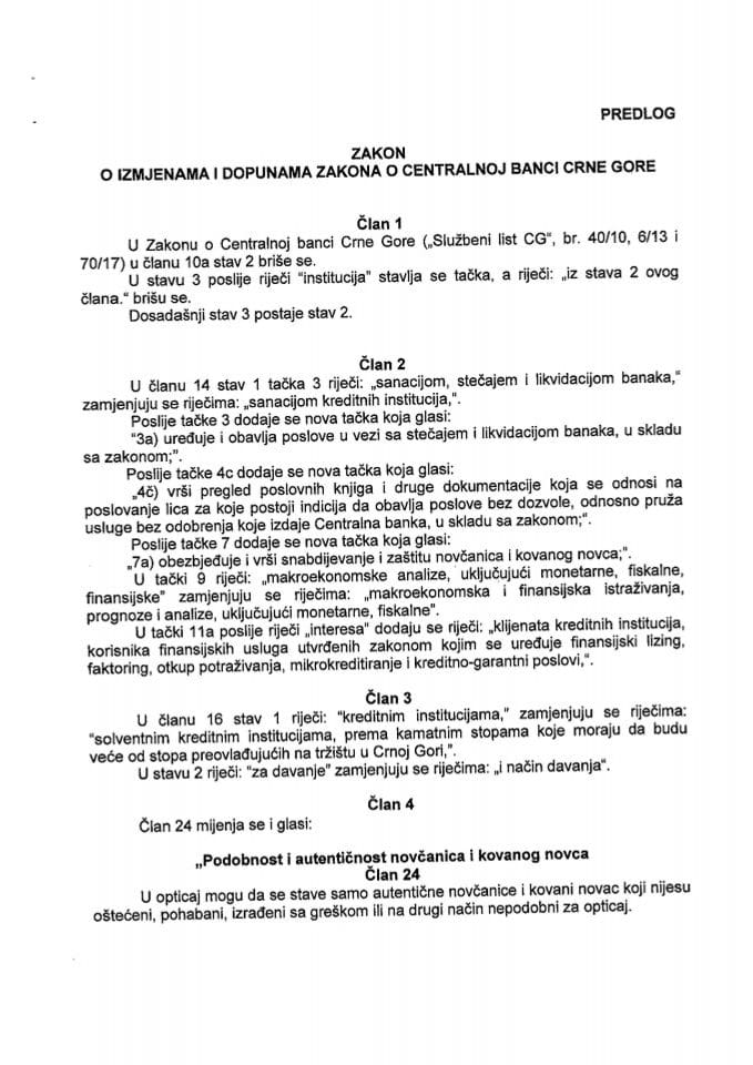 Предлог закона о измјенама и допунама Закона о Централној банци Црне Горе